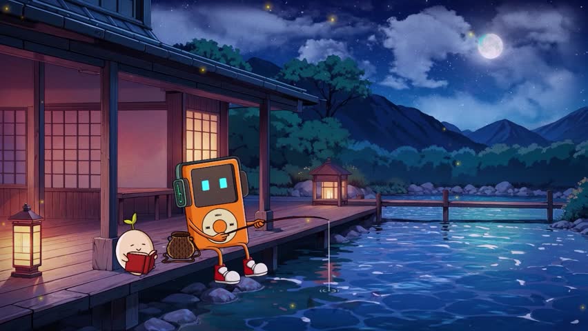 2D animation, cartoon ipod relaxing fishing by the lake. Night frame with beautiful moonlight. Live Wallpaper. Loop Animation. VJ Loop. Cartoon heating background video