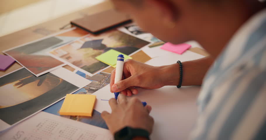Vision board, drawing and man by table for planning life goals, achievement or manifestation. Sign, pictures and hands of male person with dream poster for motivation, development or improvement.