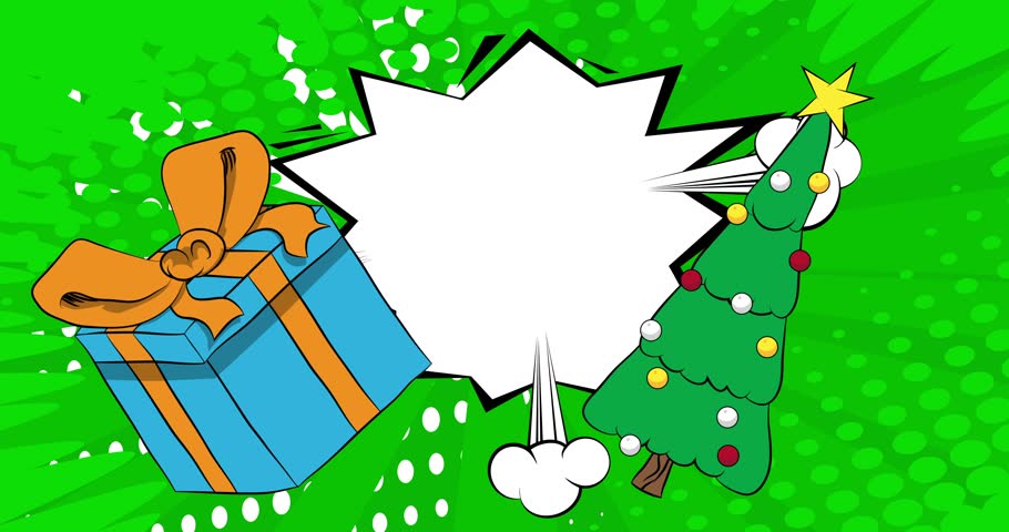 Cartoon Gift Box and Christmas decorated pine tree. with blank speech bubble, comic book holiday background. Retro vector comics pop art design.