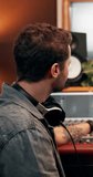 Face, happy and man with headphones, music and confident for audio, recording and entertainment. Creative, electronic and production for sound engineer, bass and person with equipment and media - Powered by Shutterstock - Get 15% off with code: PIKWIZARD15