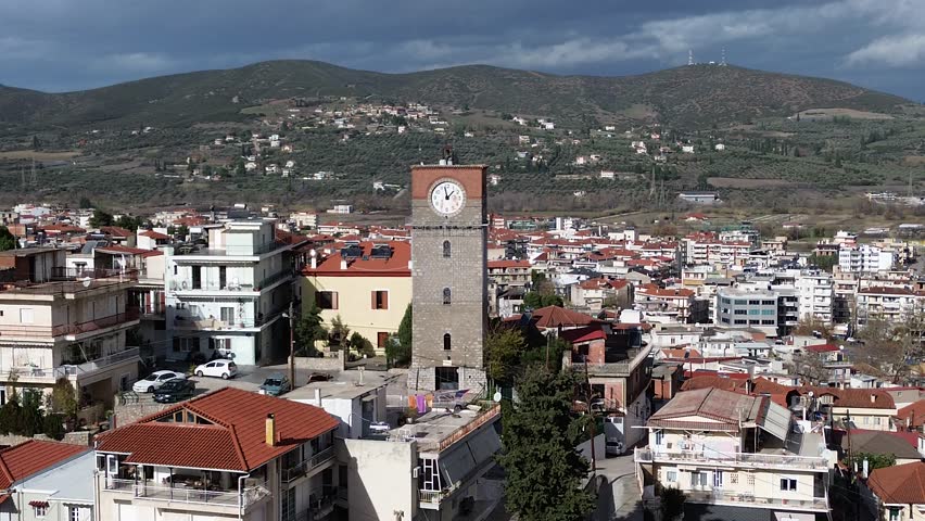 Clock tower in town of Livadeia,
Boeotia, central continental Greece. Drone footage 

