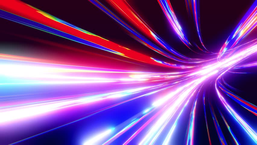 Hi tech light flow. Speed of light. 3d vj loop, abstract bg with futuristic flow of multicolor glow lines. Light streaks fly pass camera or flight through data flow. Neon glowing rays. 3D Illustration