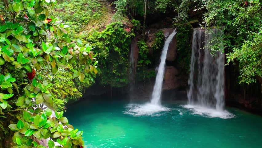 Aerial drone view Kawasan waterfalls in mountain gorge in the tropical jungle Philippines, Cebu. High quality 4k footage