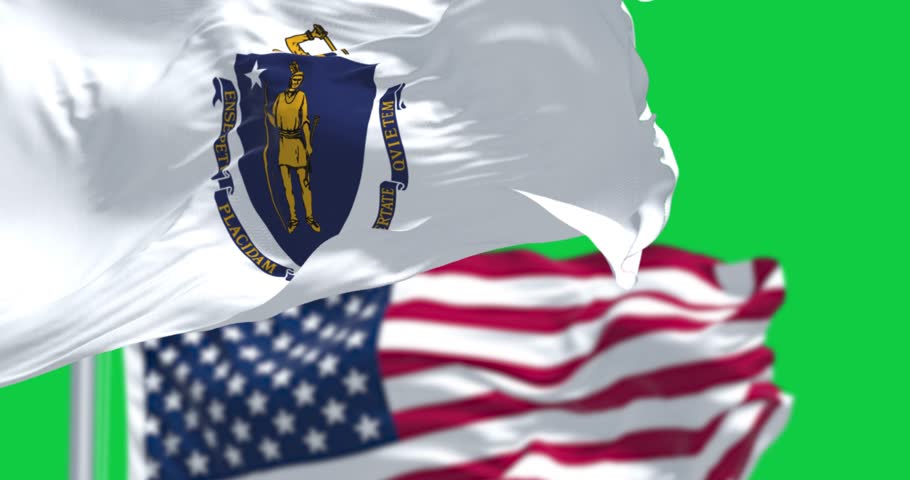 The flags of Massachusetts and the United States waving in the wind isolated on green background. Seamless 3D render animation. Chroma key. Slow motion loop. Green screen. 4K. Selective focus