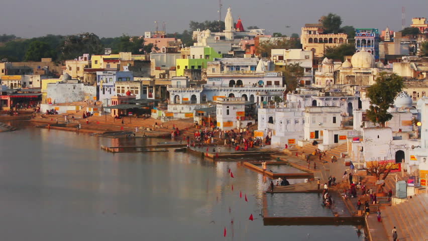 Cityscape and ritual bathing in holy lake - Pushkar India