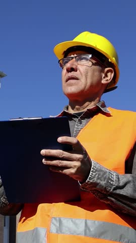 Middle-Aged Site Engineer with Hardhat and Vest Writes on Clipboard at Construction Site. Construction engineer checking data on clipboard at site with buildings on a sunny day. Construction Industry.