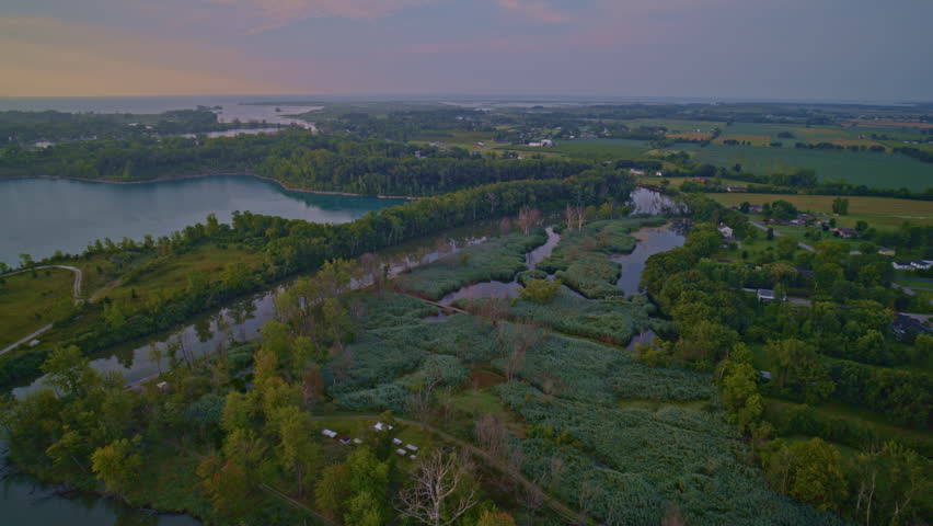 Overhead view of the Huron River near its outlet into Lake Erie, captured by a drone near Hull