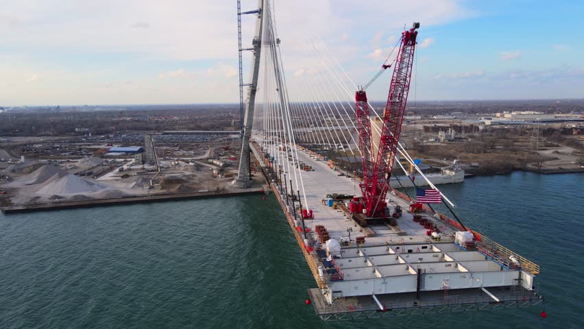Large Cable-Stayed Bridge Under Construction - Gordie Howe international bridge connecting Detroit Michigan to Windsor Canada over the Detroit River