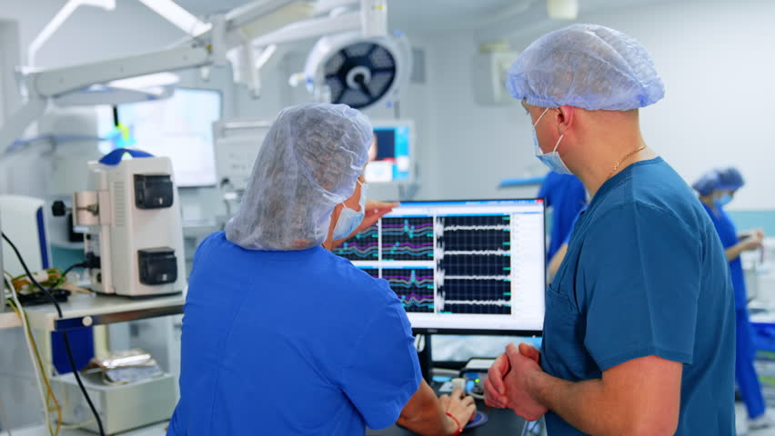 Doctors' discussion in the surgery room. Male and female medics stand at the computer equipment communicating about the operation on brain. - Powered by Shutterstock - Get 15% off with code: PIKWIZARD15