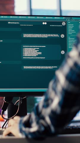 Man at home asking questions to AI LLM chatbot virtual assistant answering user prompts. Person receiving helpful information from artificial intelligence large language model program on PC, camera B