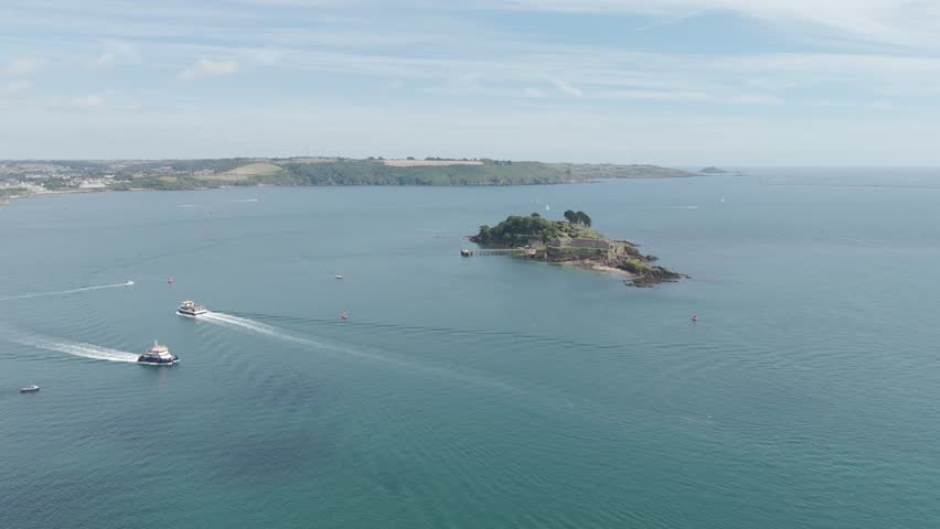 Aerial of Drakes Island, the old naval fortification, off the coast of Plymouth UK