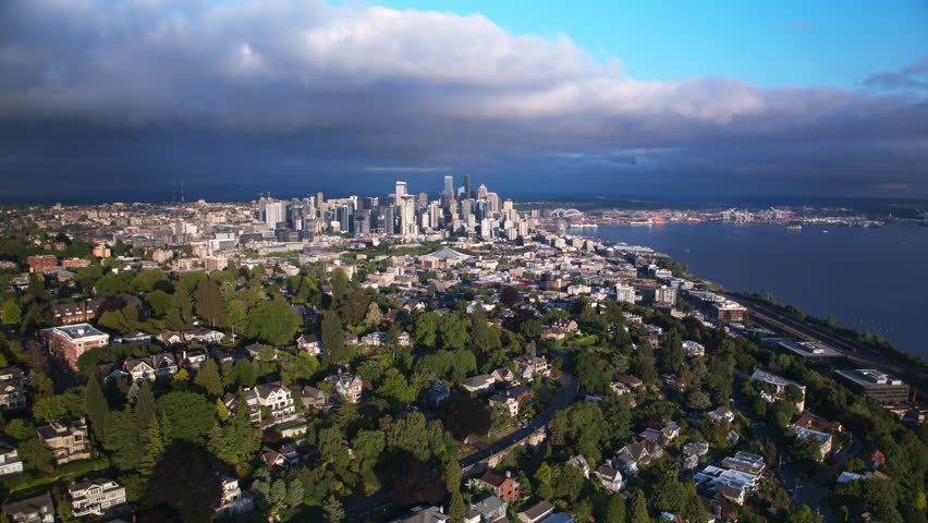 Aerial View Shot of Seattle WA, Washington USA, dramatic light, incredible view