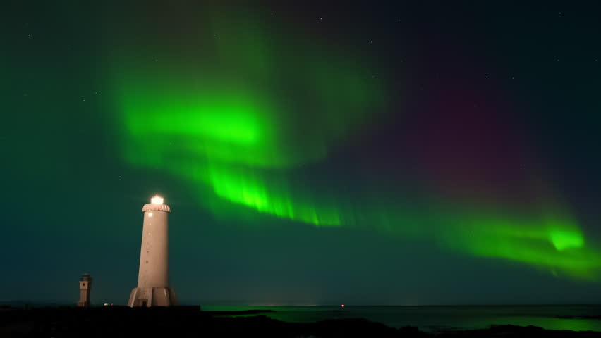 Aurora Borealis, Northern Lights in Iceland, Real Night Sky with Stars Time Lapse, Astronomical Phenomenon, Solar Wind, Earth Electromagnetic Field.