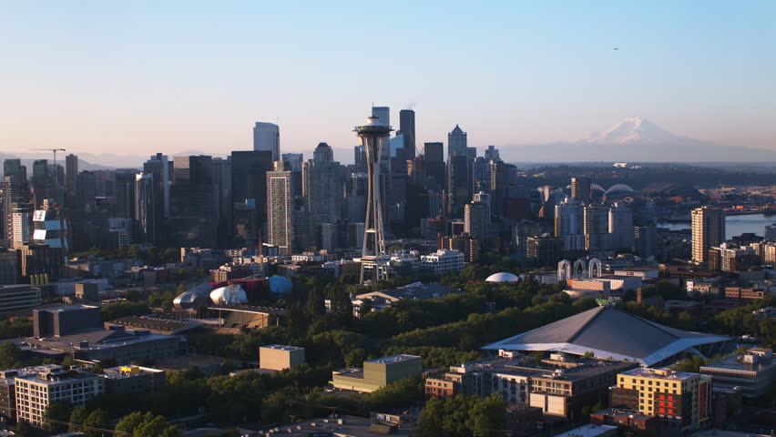 Aerial View Shot of Seattle WA, Washington USA, summer day, Space Needle