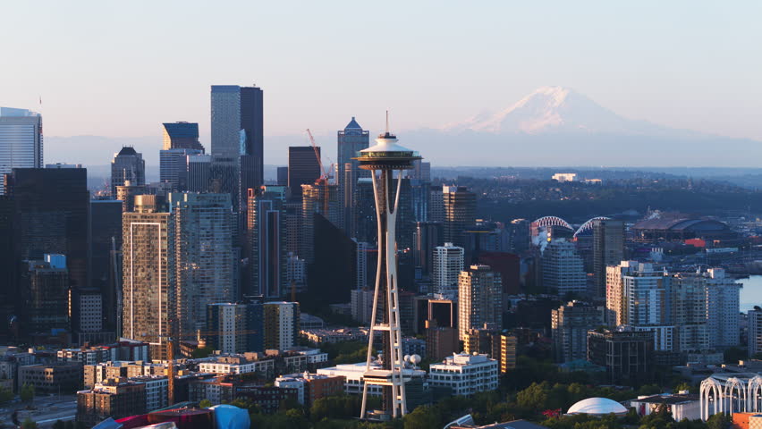 Aerial View Shot of Seattle WA, Washington USA, summer day, Space Needle