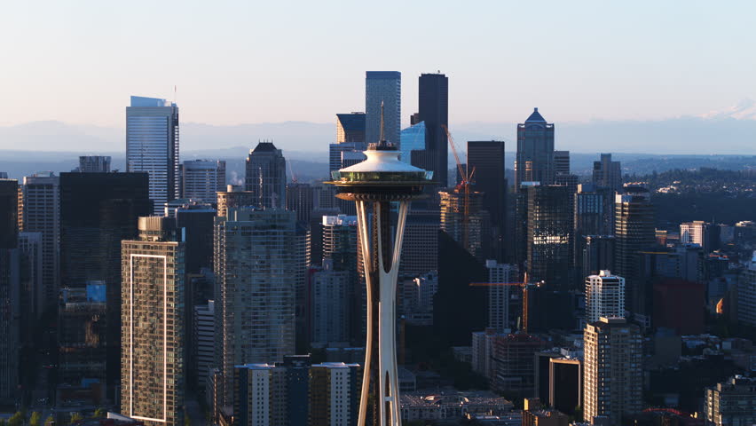 Aerial View Shot of Seattle WA, Washington USA, summer day, Space Needle