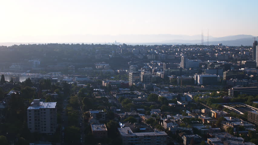 Aerial View Shot of Seattle WA, Washington USA, day, summer