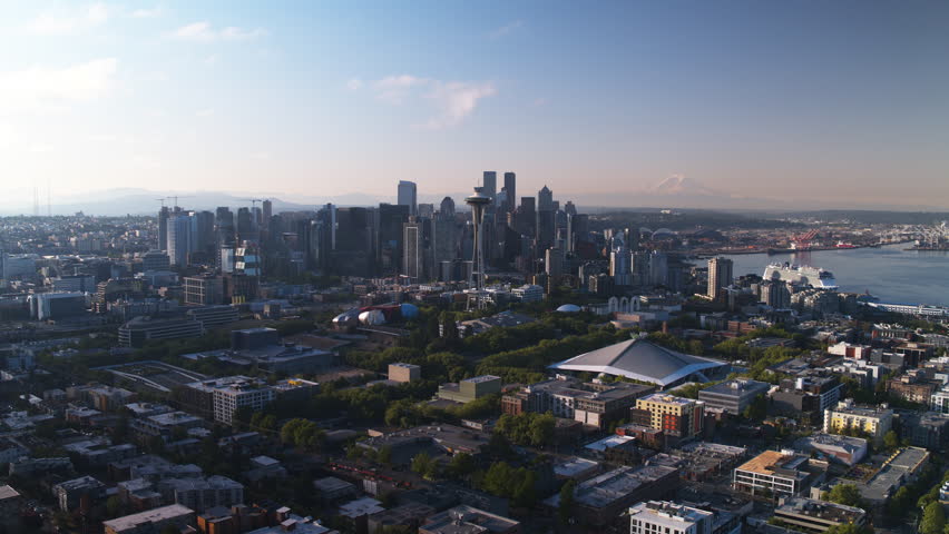 Aerial View Shot of Seattle WA, Washington USA, summer day, Space Needle