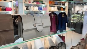 Elegant leather handbags display on glass shelf in fashion accessories store, luxury purses in different colors retail showcase interior - Powered by Shutterstock - Get 15% off with code: PIKWIZARD15