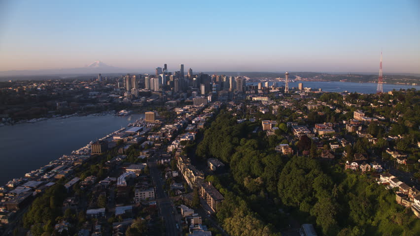 Aerial View Shot of Seattle WA, Washington USA, day, summer