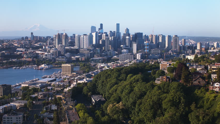 Aerial View Shot of Seattle WA, Washington USA, day, summer