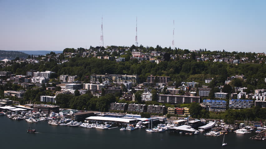 Aerial View Shot of Seattle WA, Washington USA, day, summer