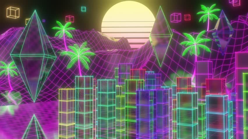 Vaporwave Neon Landscape With Palm Trees Retro Sun And 3D Octahedrons - 4K Seamless VJ Loop Motion Background Animation