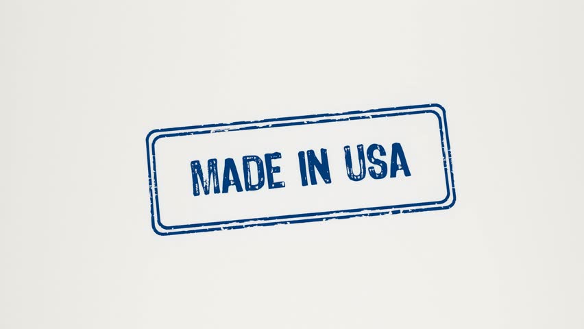 MADE IN USA - 3D Rendered Animation of a vintage wooden stamp pressing 'Made In USA' onto white paper, leaving a clear blue imprint for a realistic effect.