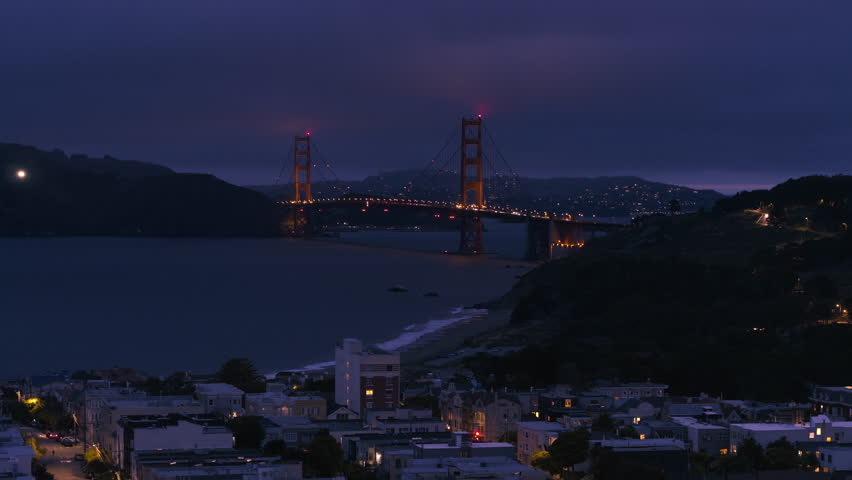 Aerial View Shot of San Francisco CA, California, United States, America, night evening, Golden Gate
