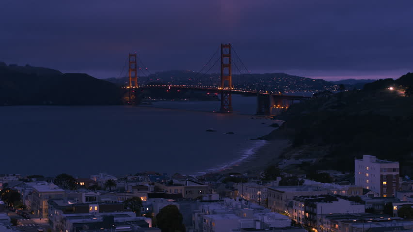 Aerial View Shot of San Francisco CA, California, United States, America, night evening, Golden Gate