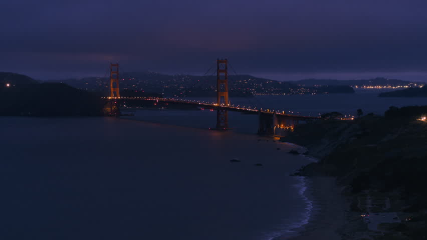 Aerial View Shot of San Francisco CA, California, United States, America, night evening, Golden Gate