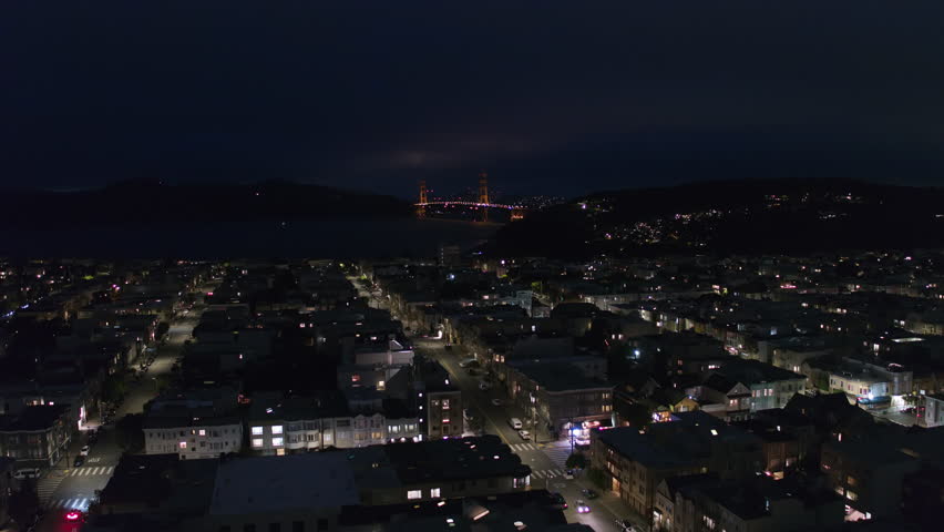 Aerial View Shot of San Francisco CA, California, United States, America, night evening, Golden Gate