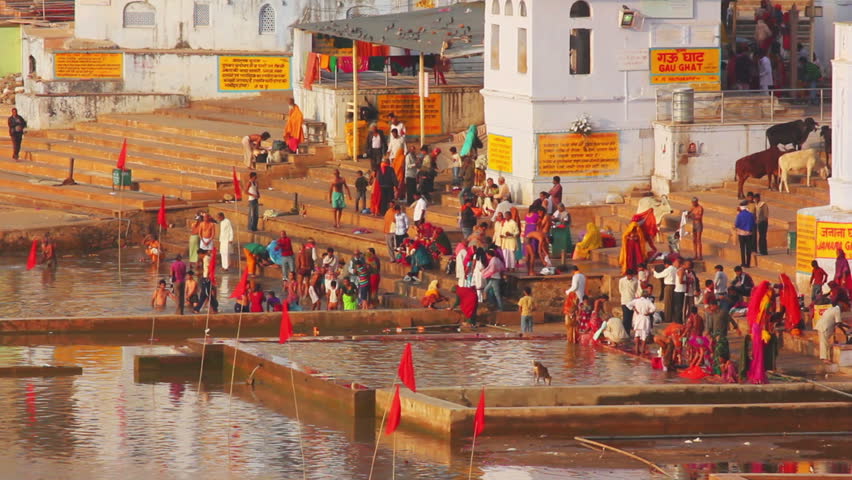 Ritual bathing in holy lake on November 21, 2012 in Pushkar, Rajasthan, India.
