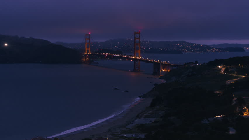 Aerial View Shot of San Francisco CA, California, United States, America, night evening, Golden Gate