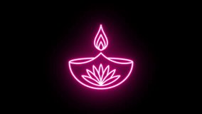 Neon Diya lamp animation, uniform vertical rotation. Glowing neon 3D Diya fire icon, looped spin. Happy Diwali, Deepavali oil candle, Diya oil lamp with lotus flower. Pink, purple, red colors - Powered by Shutterstock - Get 15% off with code: PIKWIZARD15