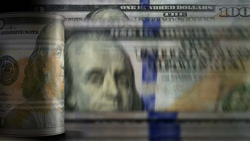 Iraq oil business and fuel extraction barrels over USA Dollar money banknotes counting seamless and loopable concept. Iraqi petrol industrial business loop background.