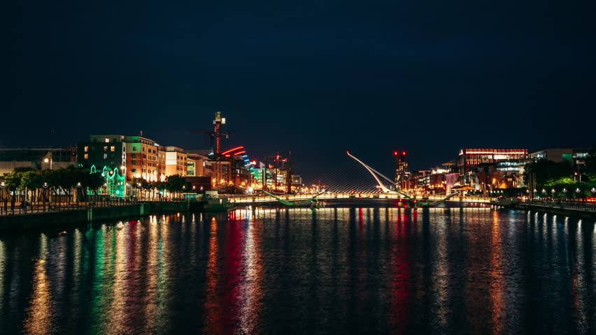 Samuel Beckett Bridge and City Panorama of Dublin, Night - Time - Lapse