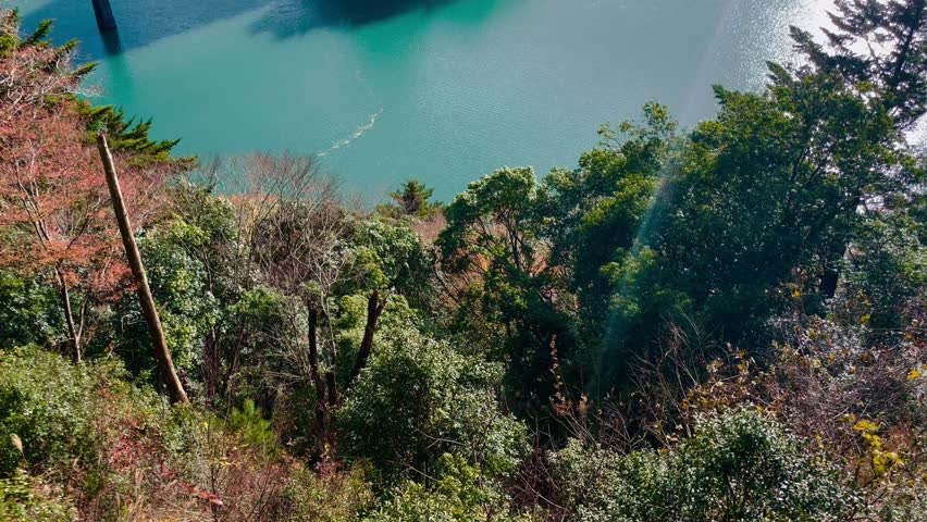 Natural scenery of a beautiful green lake between the mountains. decorated with railroad tracks along the lake in okuoikojo station shizuoka japan