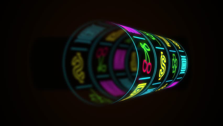 Neon casino slot machine spinning, money flying after win combination