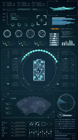 Motion graphic of Blue digital battery logo with head up display (HUD UI) panel and futuristic technology abstract background  power reserve vertical video concepts