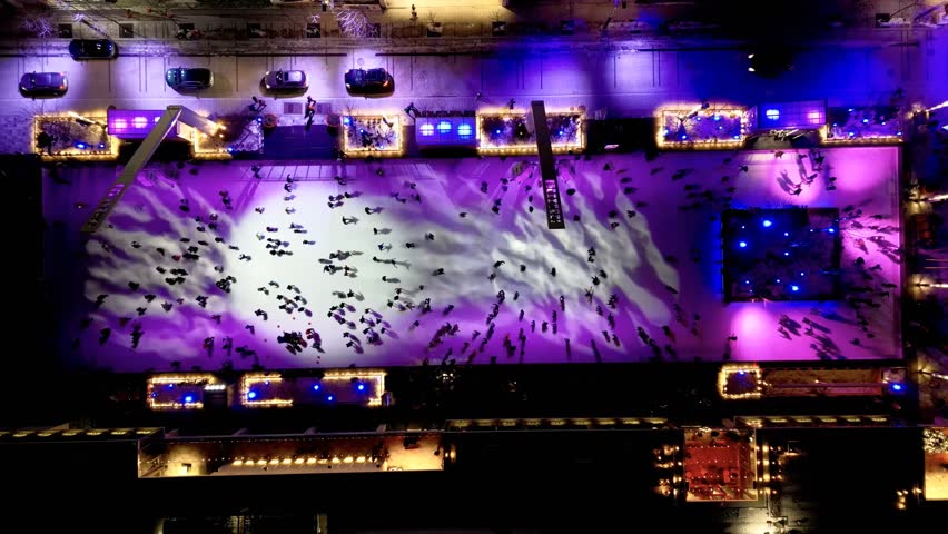 Montreal city skating rink at night illuminated for Christmas, Quebec, Canada.