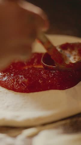 Cook Spreads Tomato Sauce On Raw Pizza Dough.