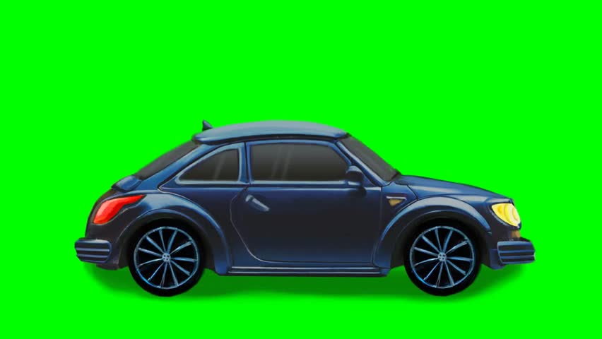 2d animated cartoon character of Cycle and loop of a blue car at night or day moving and driving in a city or street or road with moving tires and wheels spinning. in green screen