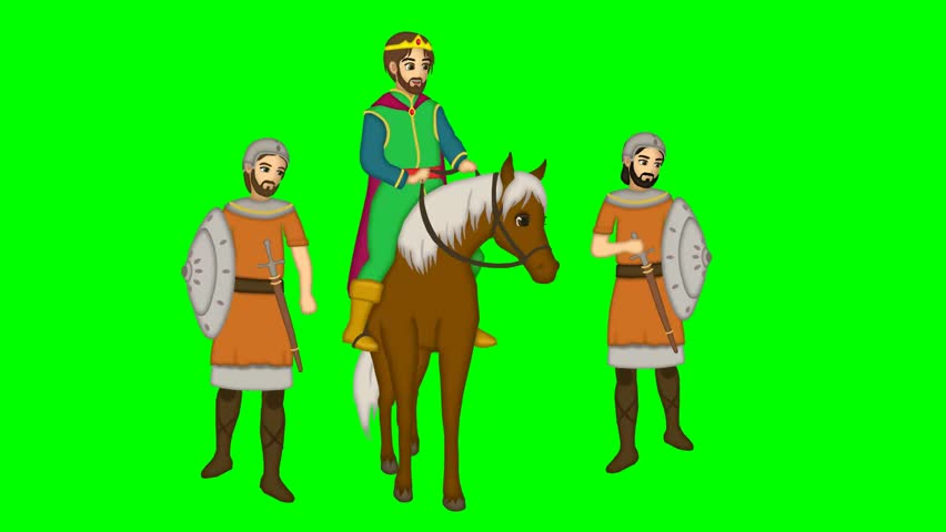 2d animated cartoon character of A man, such as Solomon or a king, riding a horse and his soldiers on either side of him, is animated talking to the people. in green screen
