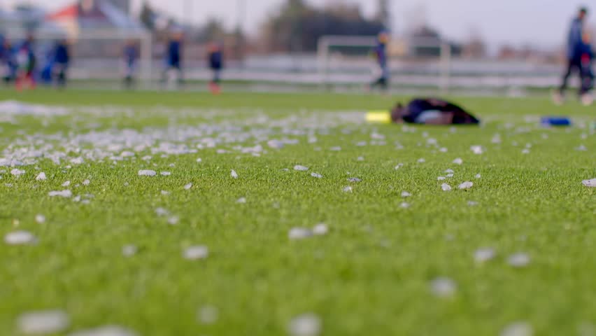 A vibrant soccer field with neatly arranged equipment and players energetically engaged in action