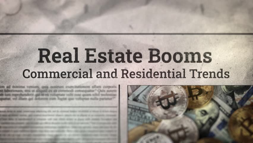 Real Estate Booms Commercial and Residential Trends Title on Digital Newspaper