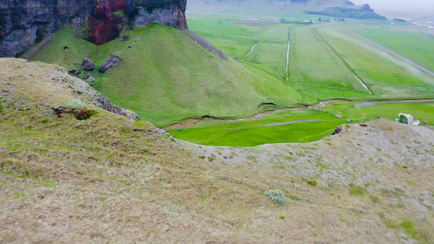 Aerial view of unnamed waterfalls along the Ring Road in the southern of Iceland.