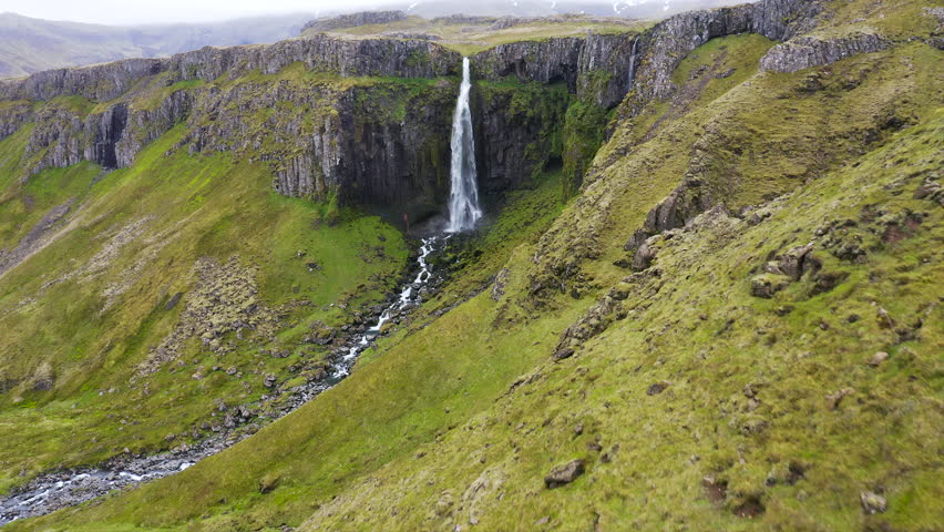 Aerial view of unnamed waterfalls along the Ring Road in the southern of Iceland.