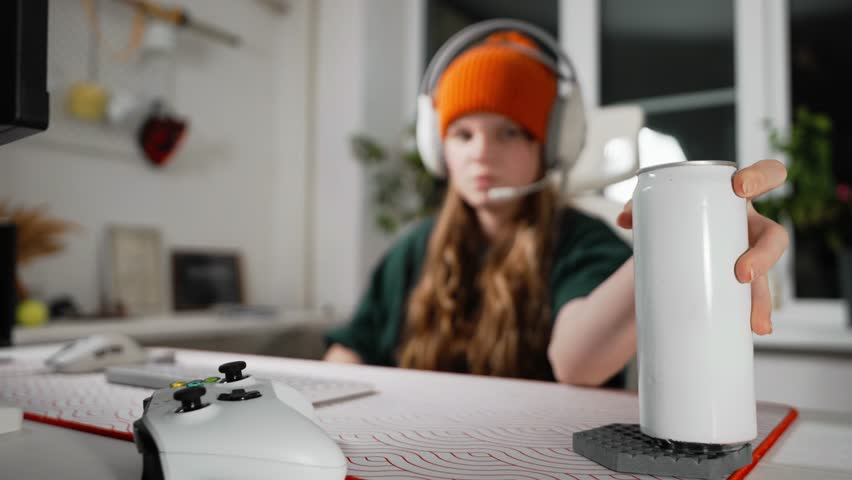 Gamer girl takes break from an intense gaming session, sitting her computer desk in cozy chair while sipping energy drink. Concept digital hobby and love for video games, fueled by caffeine and focus