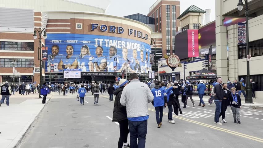 Detroit , Michigan , United States - 11 17 2024: Fans outside of Ford Field before the Detroit Lions vs. Jacksonville Jaguars.